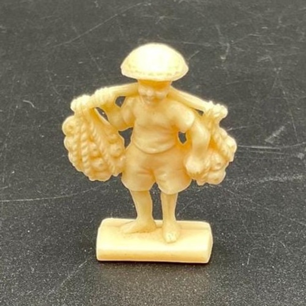 Vintage Japanese Plastic Farmer Figurine with Harvest Baskets 2″ Midcentury Toy
